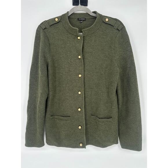 Talbots Olive Green Womens Size Large Pure Merino Wool Cardigan Gold Buttons - Picture 1 of 8